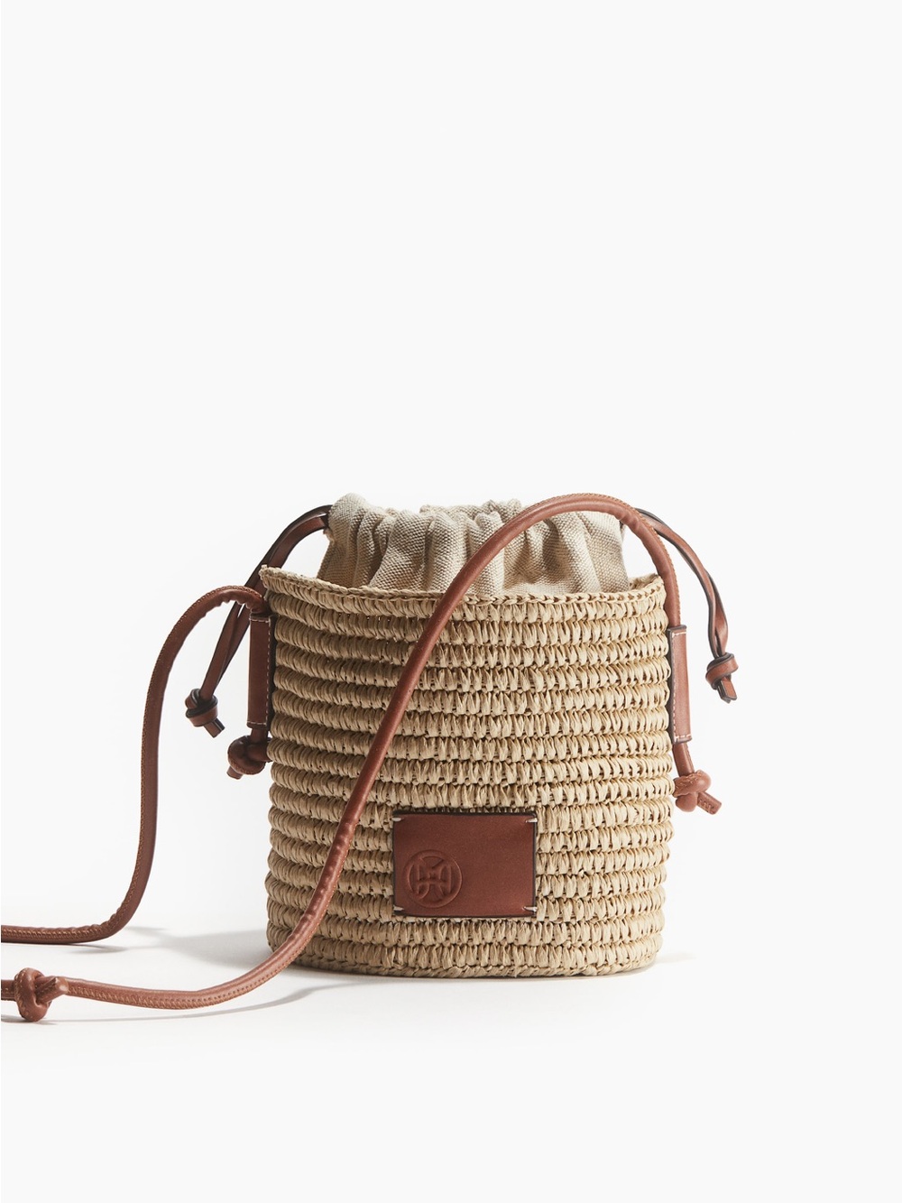 H&M Straw Bucket Crossbody Bag with Brown Leather Trim